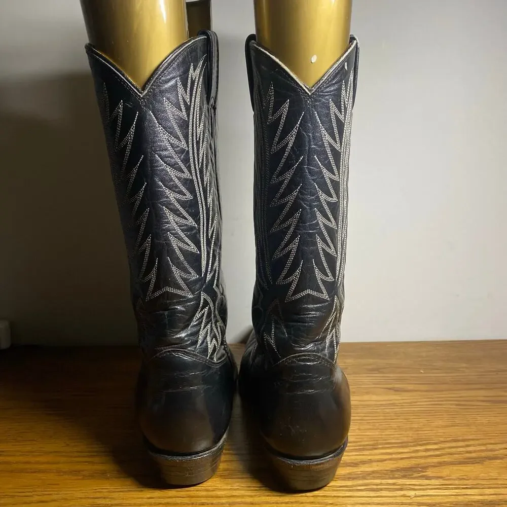 Vintage Nocona Mens 8.5 D Black Leather Western Cowboy Boots White Pointed Toe